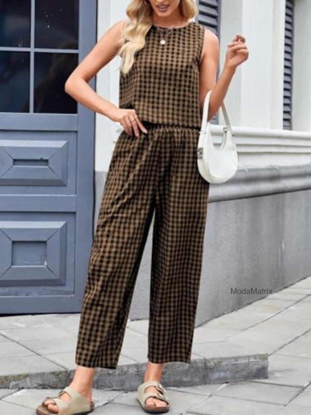 Cotton Linen 2 Piece Outfit Summer Sleeveless Tank Top Palazzo Pants Set Beach - Picture 3 of 7